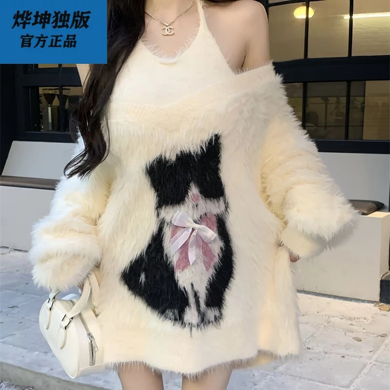 秋冬季猫咪秋冬提花水貂蝴蝶结针织衫针织上衣宽松慵懒风俩件套