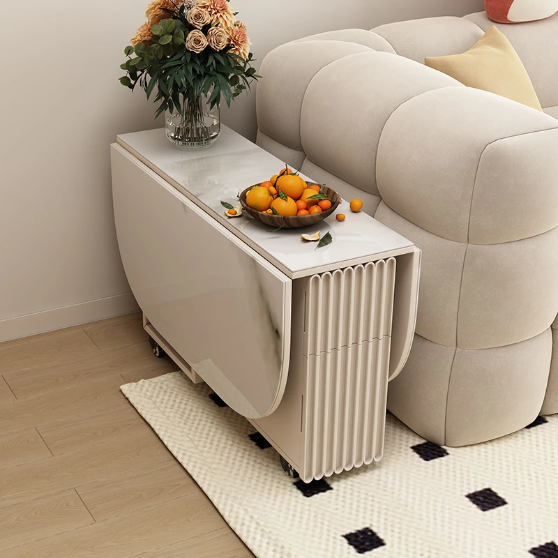 奶油风可移动折叠茶几餐桌一体小推车家用小户型客厅折叠边几边柜