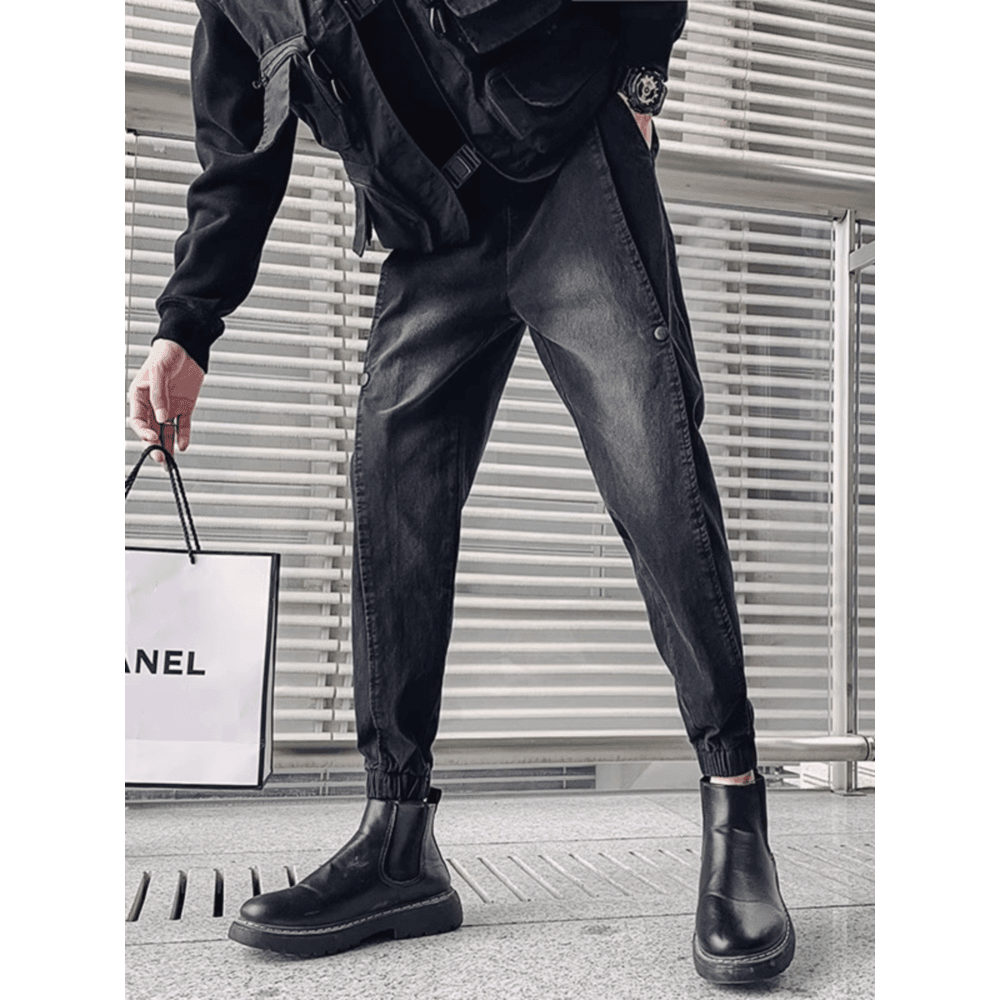 冬款男士小脚牛仔裤秋冬季加绒黑色休闲裤子加厚哈伦束脚男裤