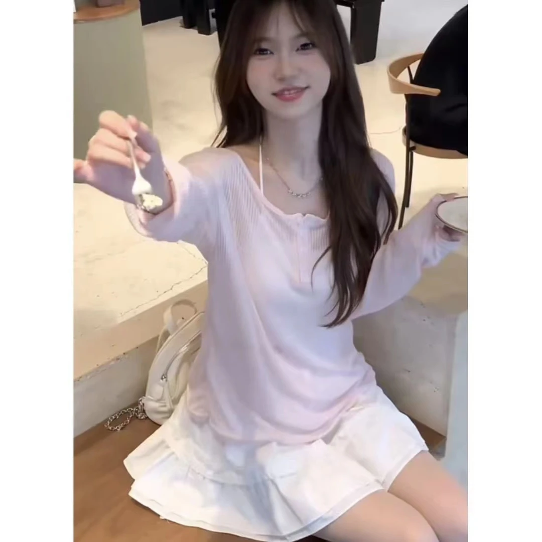 【三件套】春夏多巴胺穿搭温柔风针织上衣+甜美蓬蓬短裙+内搭挂脖