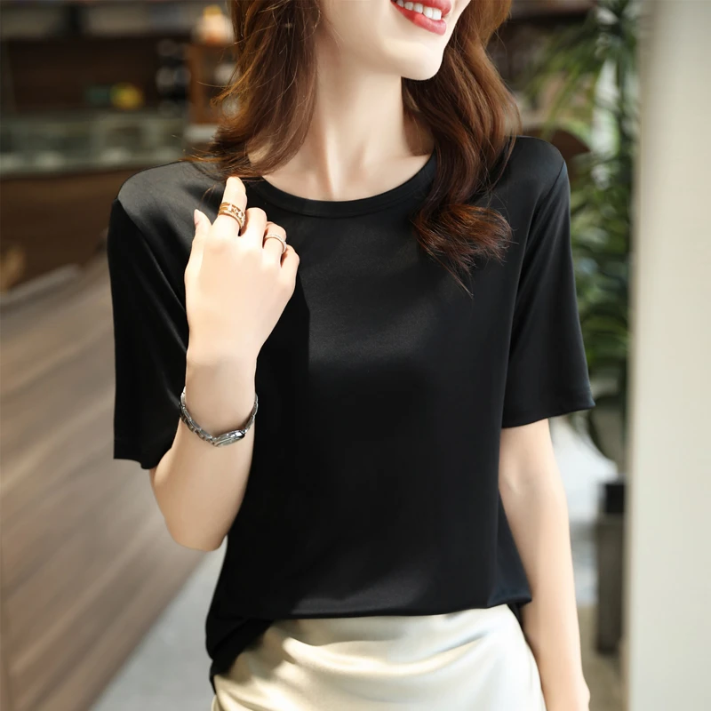 夏季百搭气质纯色醋酸缎面半袖宽松时尚洋气小众圆领短袖T桖显瘦