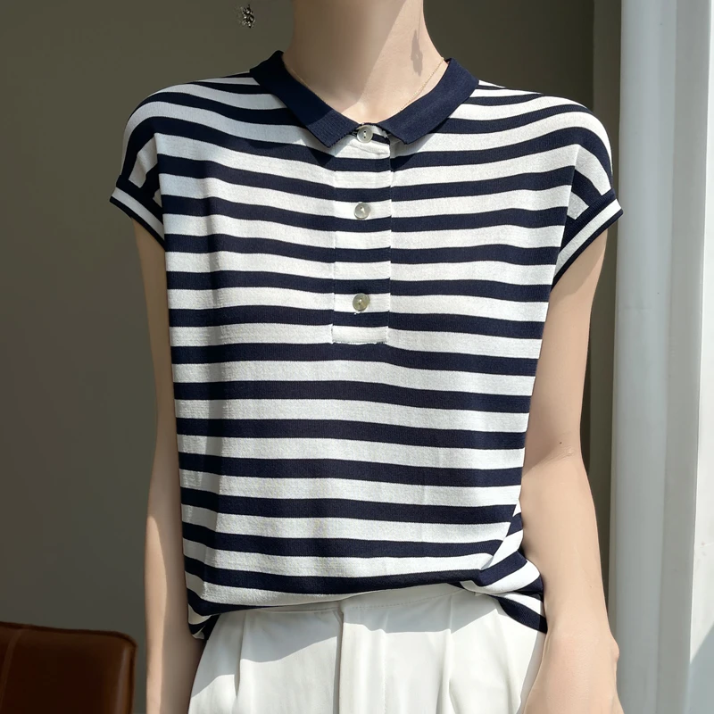 夏季POLO衫女款针织条纹短袖T恤女薄款时尚洋气减龄百搭翻领上衣