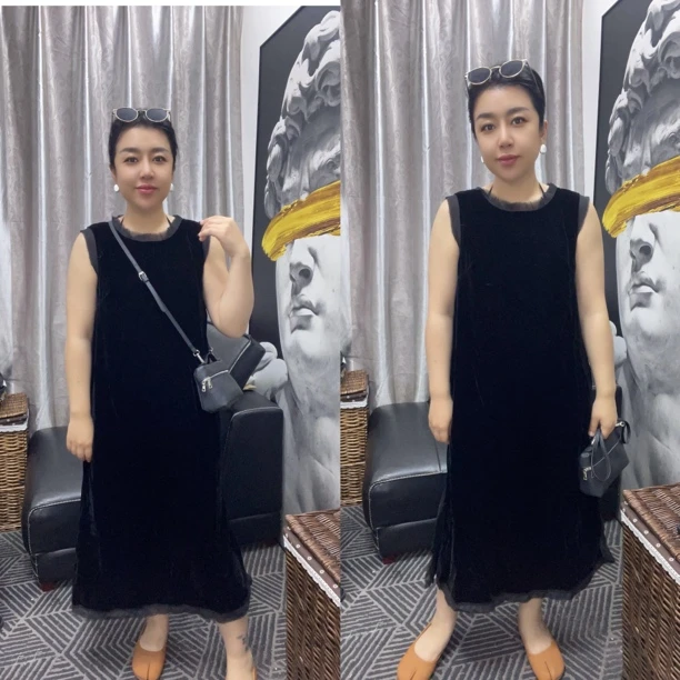 【MM】欧货休闲宽松坎袖拼接真丝丝绒连衣裙（无弹力建议干洗）