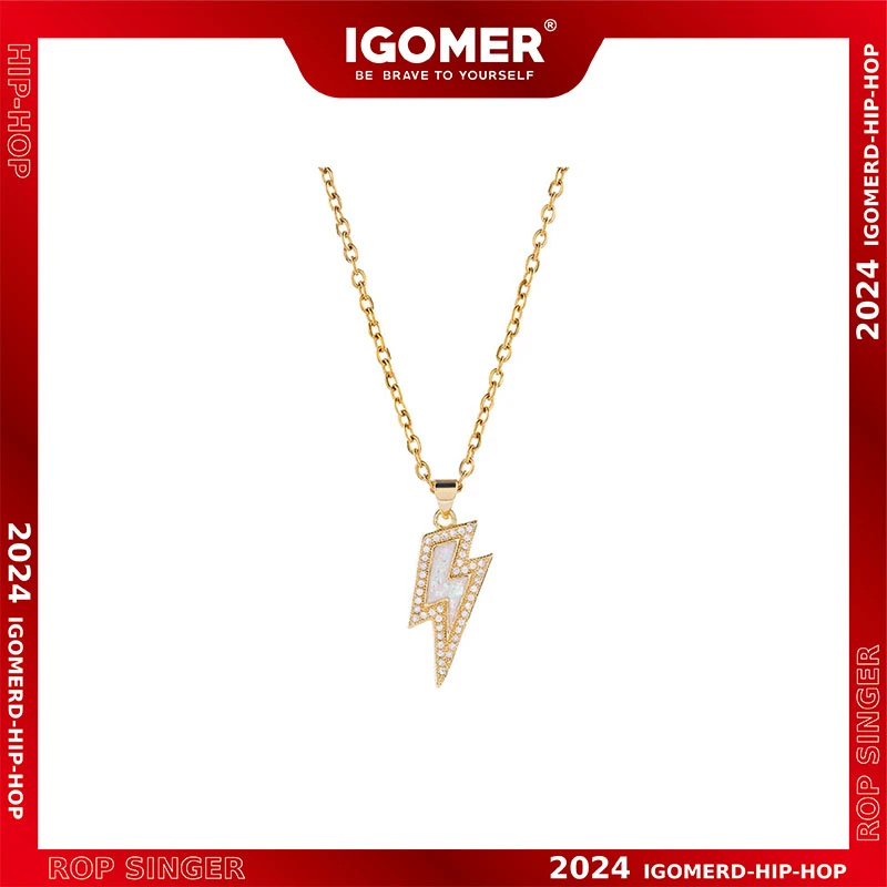 钛钢合成锆石吊坠 IGOMER美式闪电满钻吊坠项链男女时尚街头金色