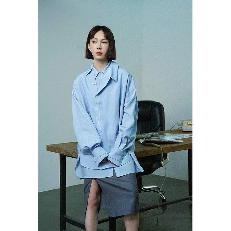 UMILAB【不退换】假两件莱赛尔立体廓型长袖衬衫H1025N