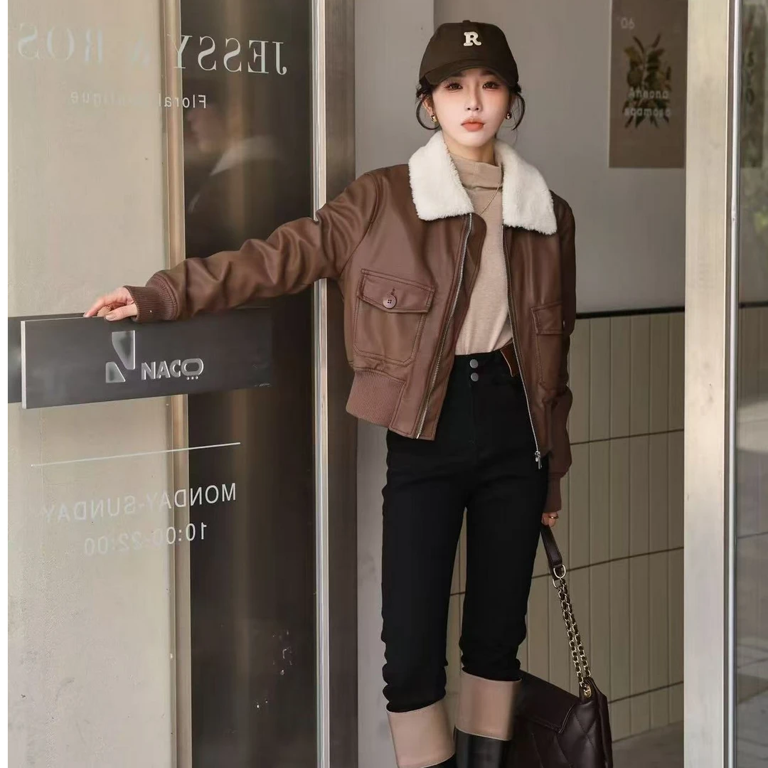 2024冬季新款休闲羊羔毛加绒皮衣外套女皮毛一体短款皮夹克上衣