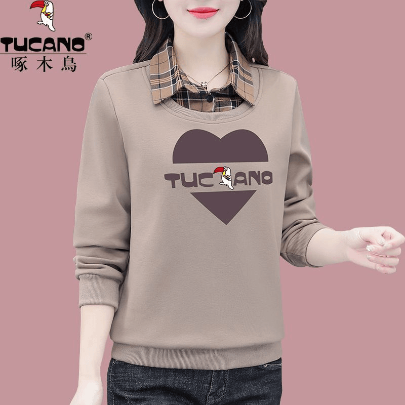 啄木鸟假两件高档棉卫衣女春秋女装时尚洋气百搭妈妈上衣长袖t恤