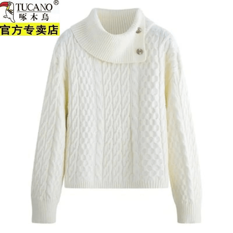 啄木鸟大翻领麻花粗线毛衣女秋冬季新款羊毛衫宽松慵懒针织衫上衣