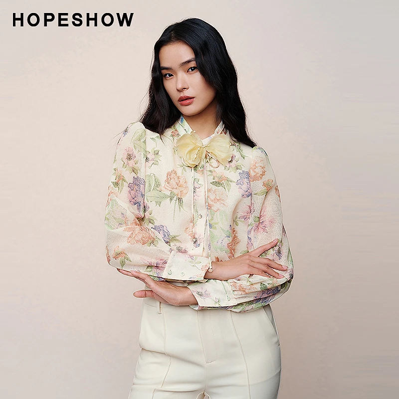 红袖春季2024新款女装 复古肌理感提花单排扣立领衬衫89324470305