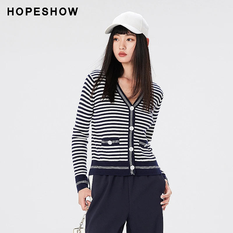 红袖秋季新款女装 主题绣条纹单排扣V领针织开衫89123300119