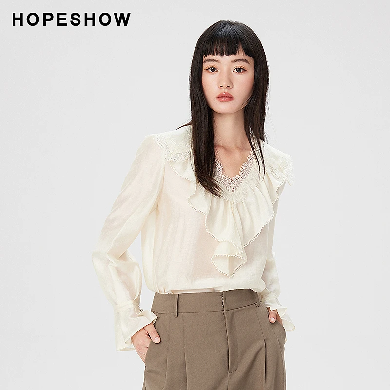 红袖秋季2023新款女装 绣花边荷叶边翻领套头雪纺上衣89123262001