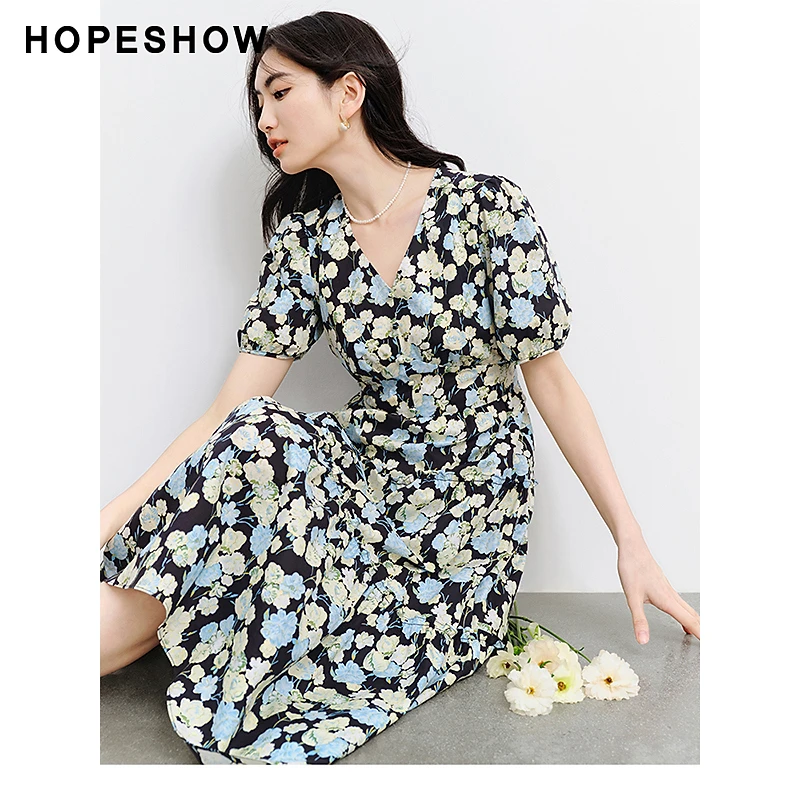 红袖夏季新款女装 印花泡泡袖收腰V领套头连衣裙90124121609