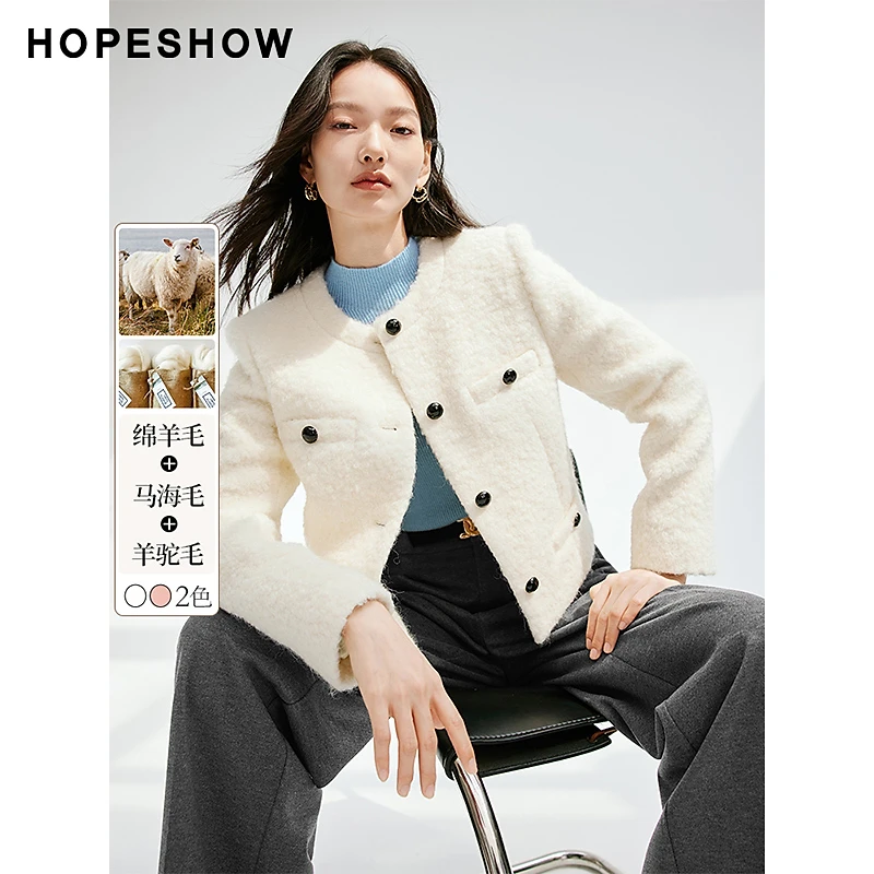 红袖新款女装 箱型香风单排扣圆领圈圈呢外套90123360404