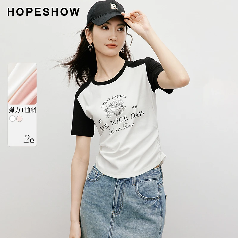 红袖夏季2024新款女装 莓印花抽褶撞色圆领套头T恤90124190204