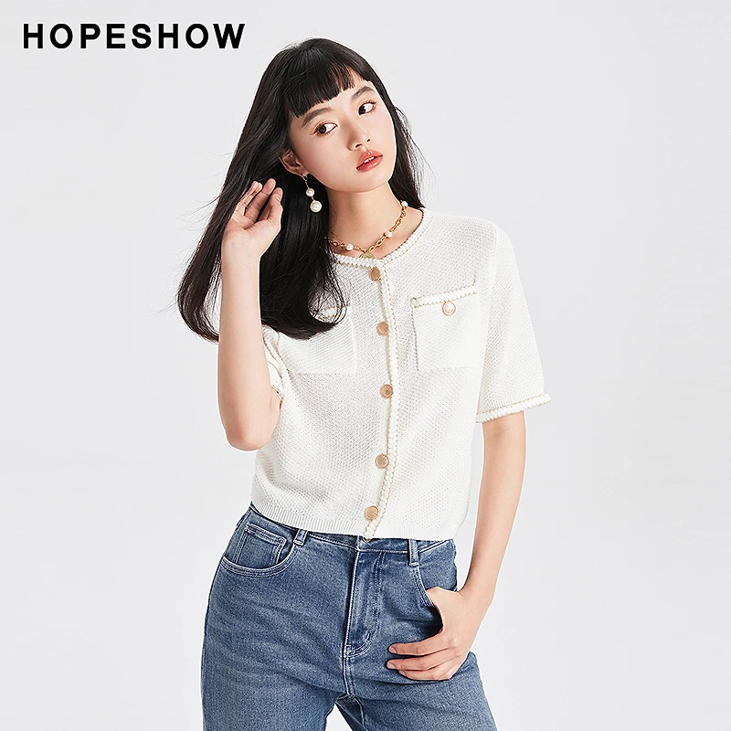 红袖夏季2023新款女装 亮丝边单排扣圆领短袖针织开衫89623130105