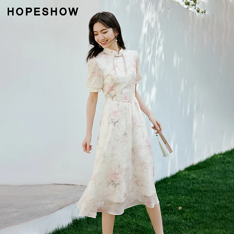 初恋夏季2024新款女装印花灯笼袖收腰立领套头连衣裙90624141606