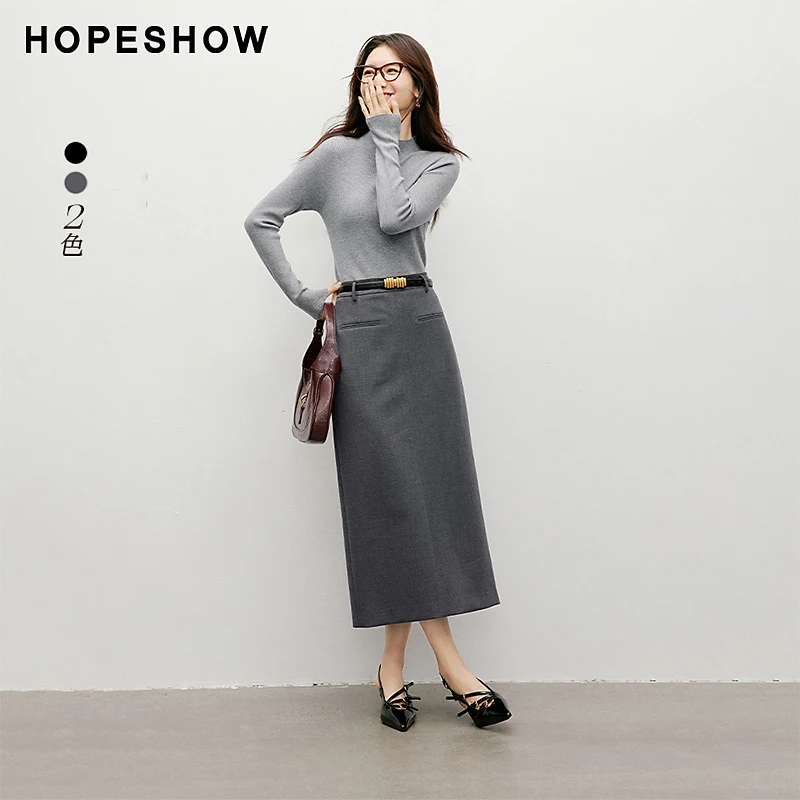 红袖秋季2024气质新款女装后开叉侧拉中腰直筒半身裙90124311501