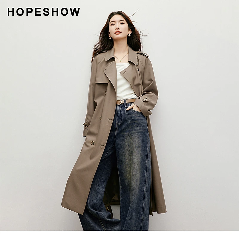 红袖秋季2024新款女装 插肩系带双排扣翻领中长风衣90124290701