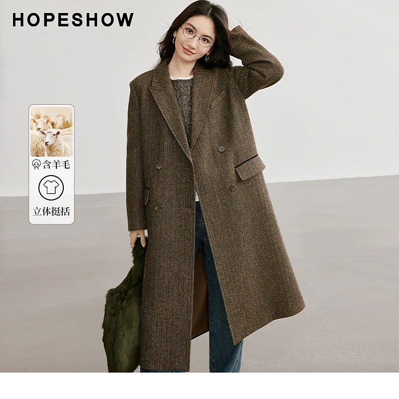 红袖冬季2024新款女装 老风人字纹双排扣西装领大衣90124330808