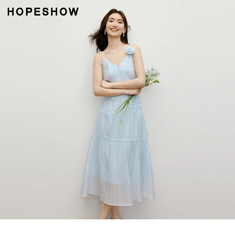 红袖夏季新款女装 皱感收腰花朵V领吊带连衣裙90124171604