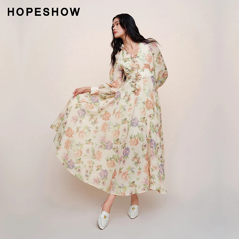 红袖春季新款女装 印花收腰V领套头长连衣裙89324471608