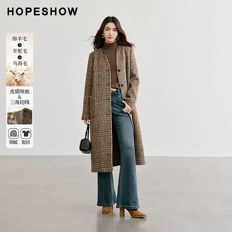 红袖冬季2024新款女装 格纹皮质单排扣V领单面呢大衣90124400802