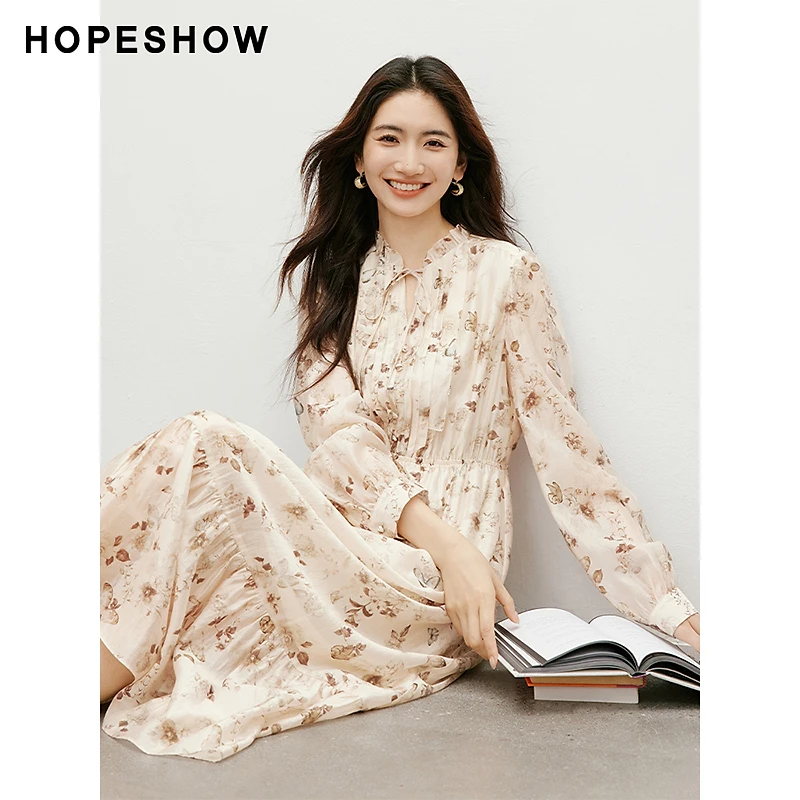 红袖早秋2024新款女装【蝶花轻语】收腰花瓣领印花裙90124271603