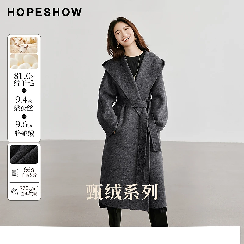 红袖冬季2024新款女装 系带插肩连袖连帽领双面呢90124340825