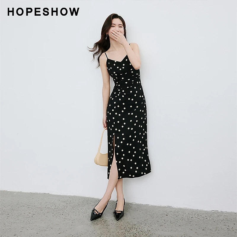 红袖2024修身新款女装波点印花收腰V领吊带连衣裙90224101609女装