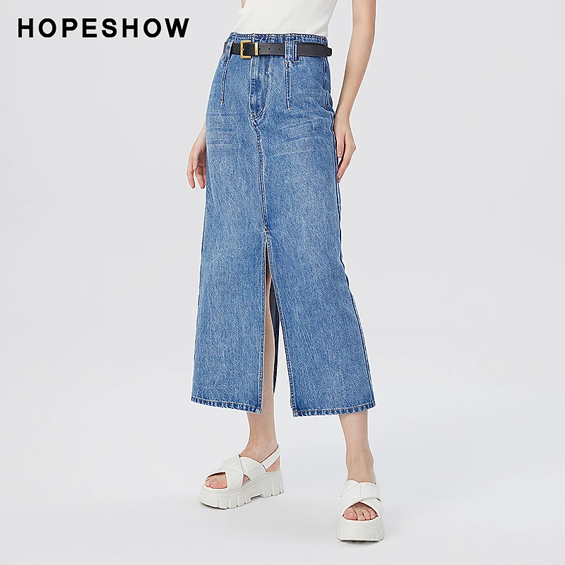 红袖秋季2023新款女装 复古水开叉直筒牛仔半身裙89223261504