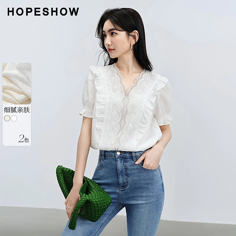 红袖夏季2024小众新款女装泡泡袖绣花边V领套头上衣90124112003