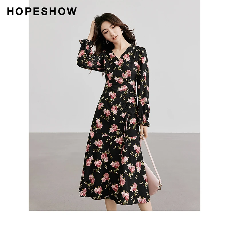 红袖早秋2024新款女装【玫瑰故事】泡泡袖V领印花裙90124331601