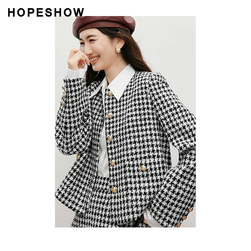 红袖冬季2024新款女装 肌理感千鸟格正肩圆领短外套90124450401