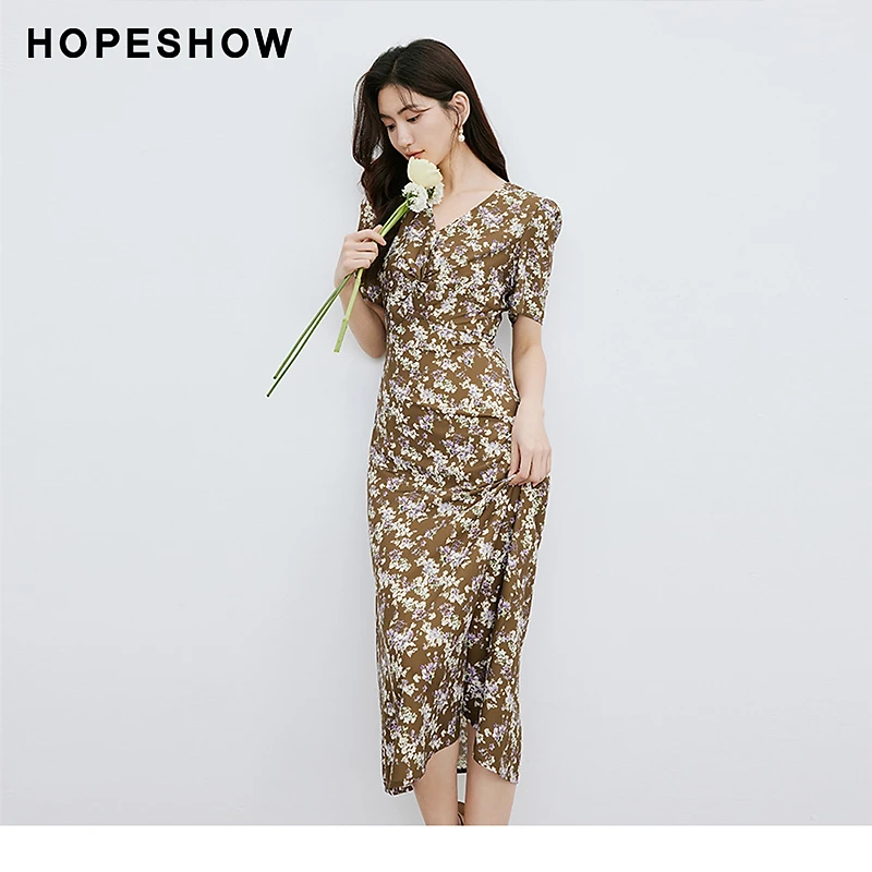 红袖夏季修身新款女装印花收腰V领套头短袖茶歇裙90224101607