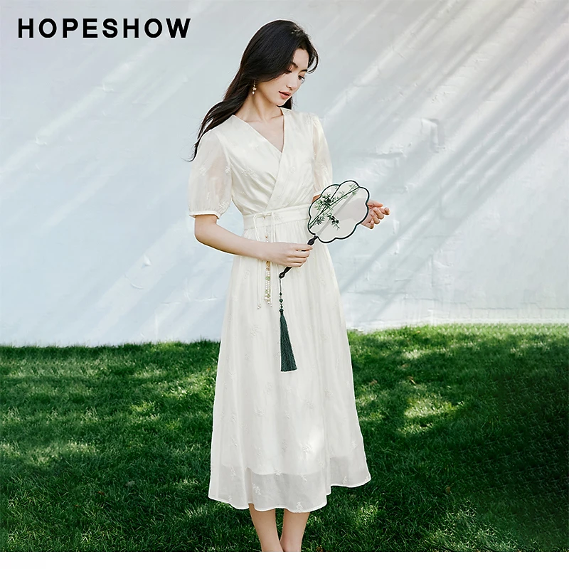 红袖夏季2024中式新款女装国风收腰V领套头茶歇连衣裙90124141607