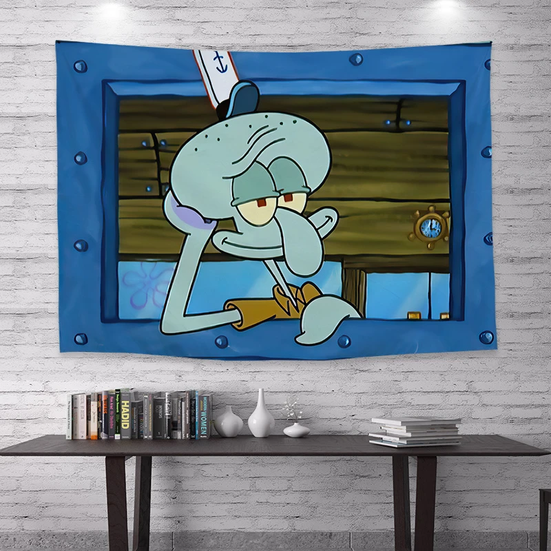 海绵宝宝背景布可爱卡通搞怪章鱼哥挂布卧室宿舍墙面装饰创意挂毯