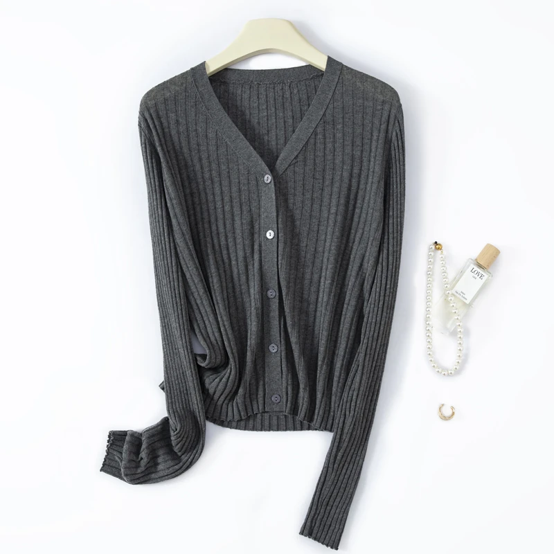 秋季新款亚麻针织开衫女V领坑条宽松显瘦长袖上衣设计感