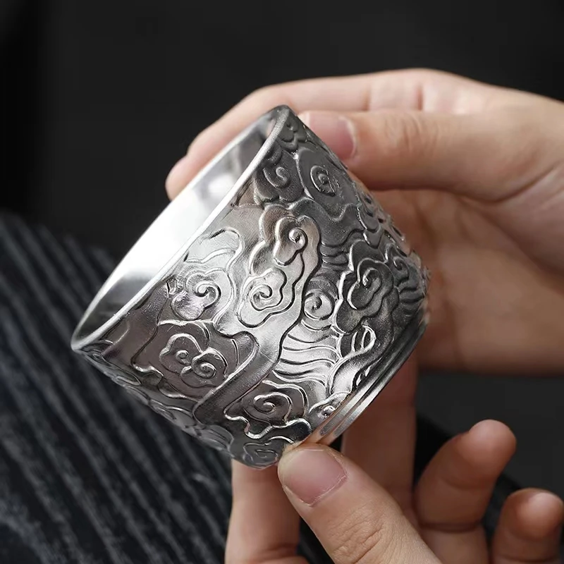 「何赋森」祥云杯999足银瓷胎鎏银内外鎏银杯品茗杯陶瓷主人杯缸杯