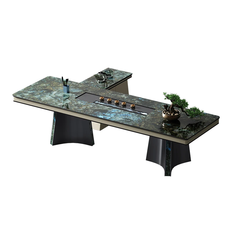 蓝翡翠岩板茶桌现代简约轻奢椅茶台别墅大平层会所泡茶桌书桌餐桌