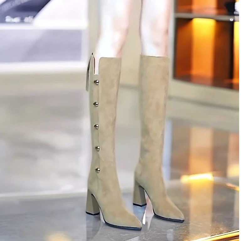韩版不过膝高跟长靴女高筒靴2024 秋冬新款尖头粗跟后拉链瘦瘦靴