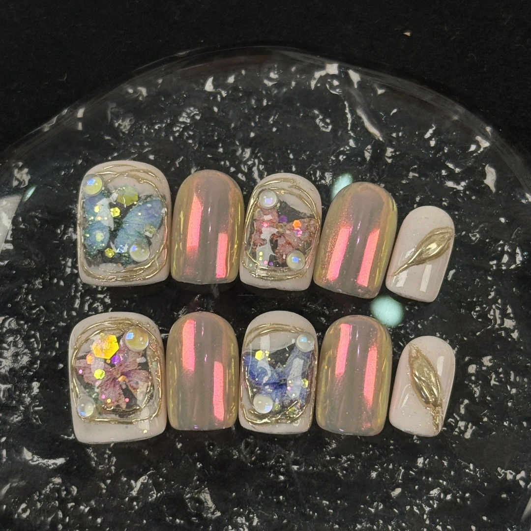 【梦境蝴蝶】短款蝴蝶魔镜粉纯手工穿戴甲