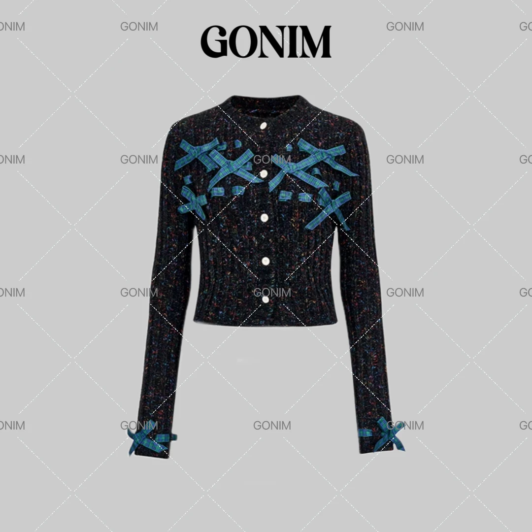 Gonim· "花织蝴蝶结‘’2024秋季氛围感开衫软糯慵懒风针织女上衣