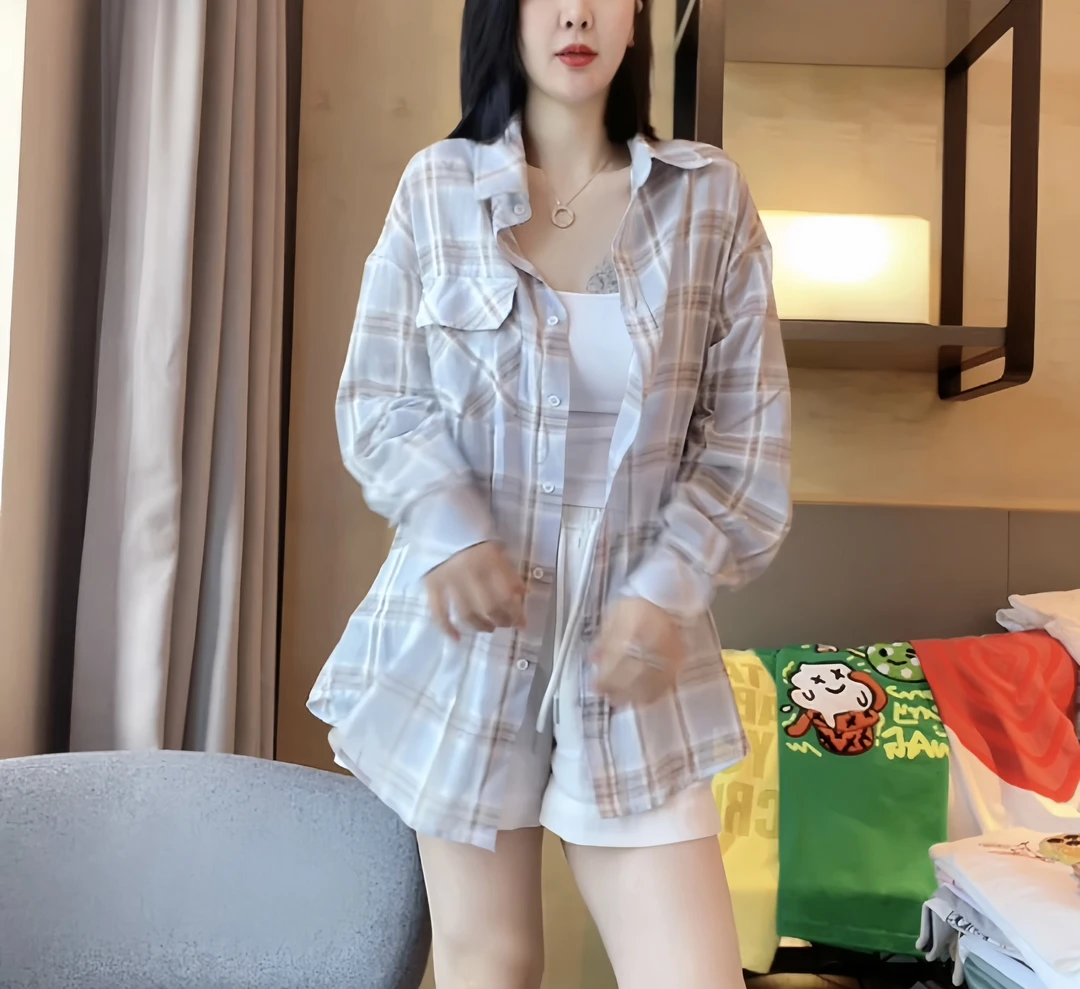 【哝哝服饰】2024新款莫奈花园风格子口袋休闲长袖衬衫203-0189930