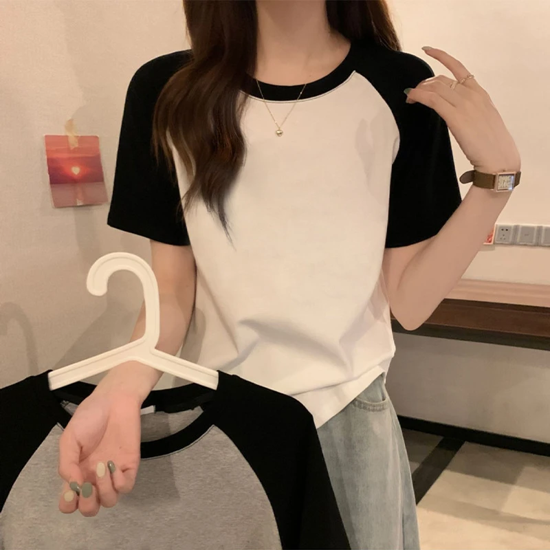 撞色插肩短袖t恤女纯棉夏款2025显瘦内搭短款打底衫别致休闲上衣