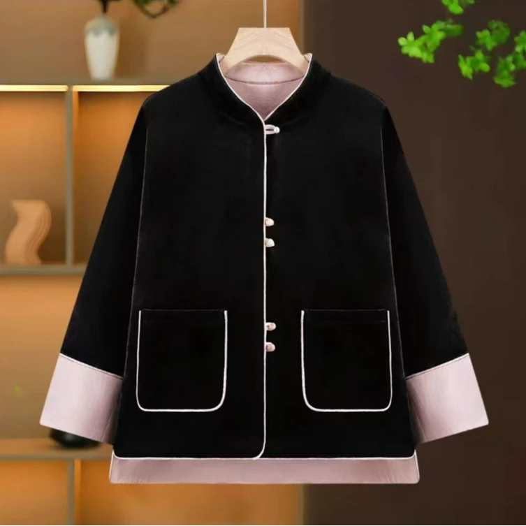 2024冬季百搭中式复古时尚加厚双面穿金丝绒棉服气质休闲潮流