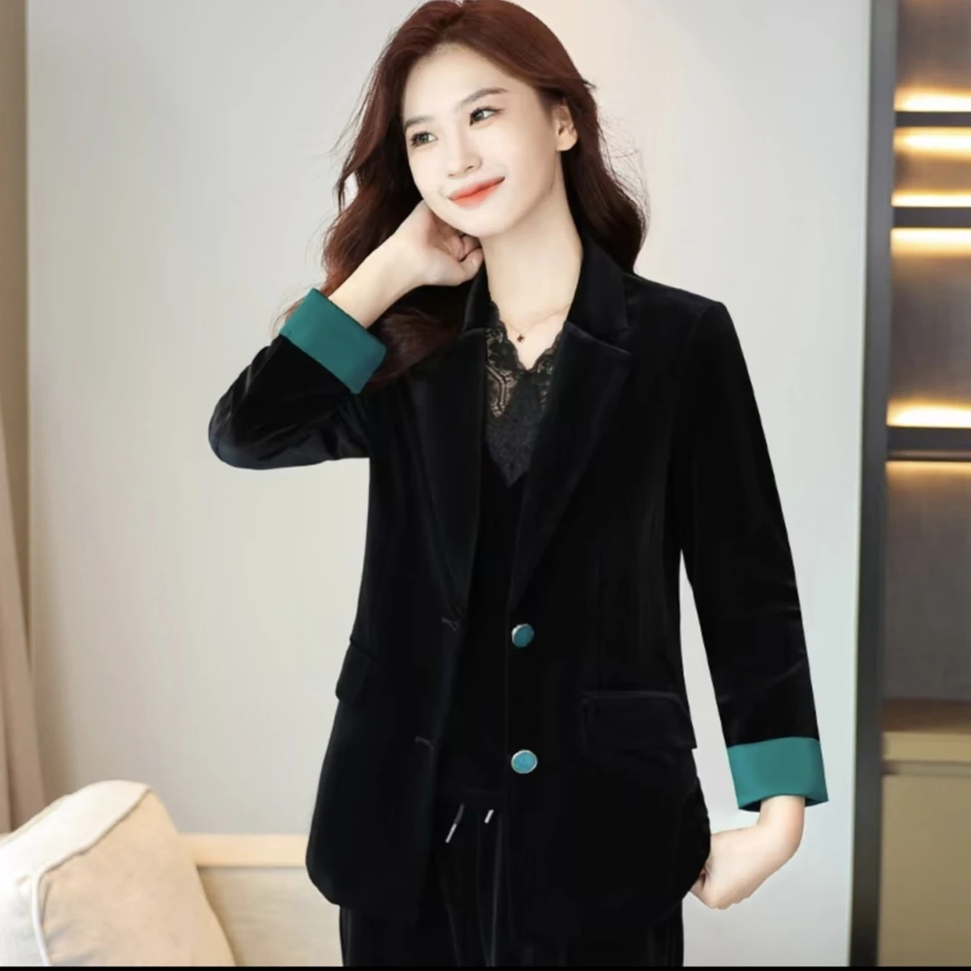2023秋季丝绒袖口拼色洋气妈妈显瘦妈妈装
