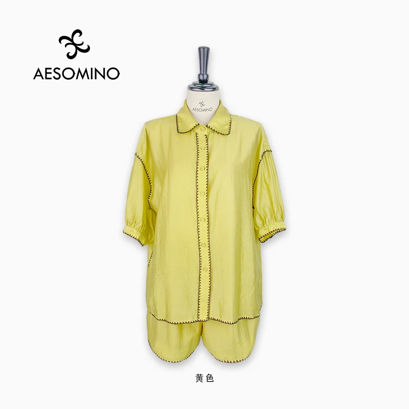 夏时尚气质夏季套装米色Y569B1337休闲短袖轻奢短裤上衣衬衫黄色