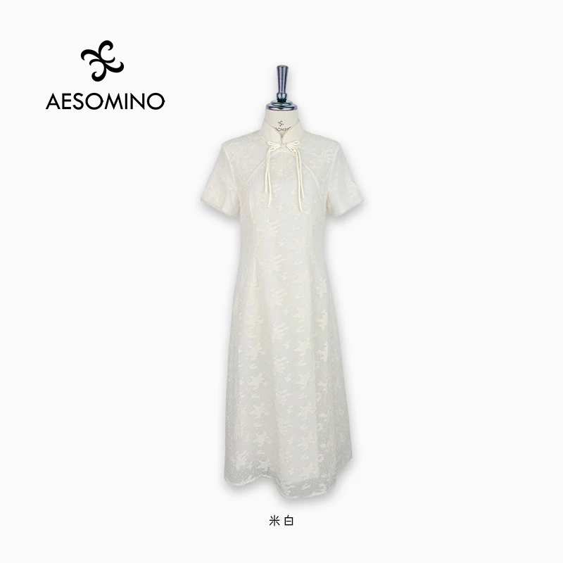 Aesomino/衣莎美诺夏白色修身连衣裙法式蕾丝小白裙米白Y540B7670