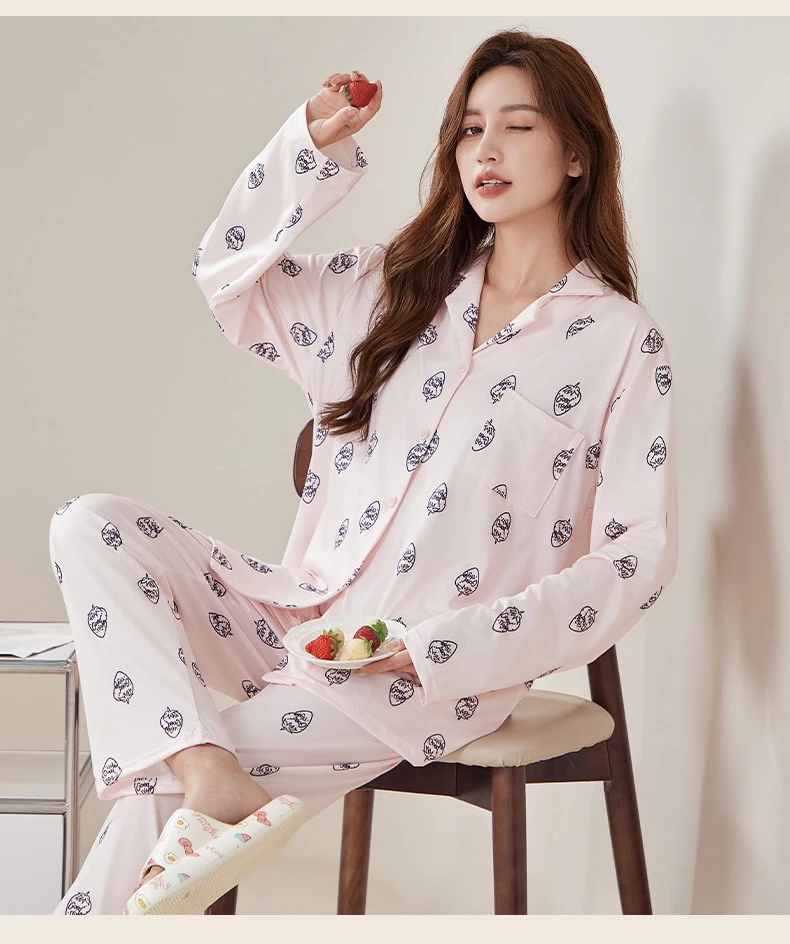 2024春秋新款草莓印花睡衣女牛奶棉长袖家居服