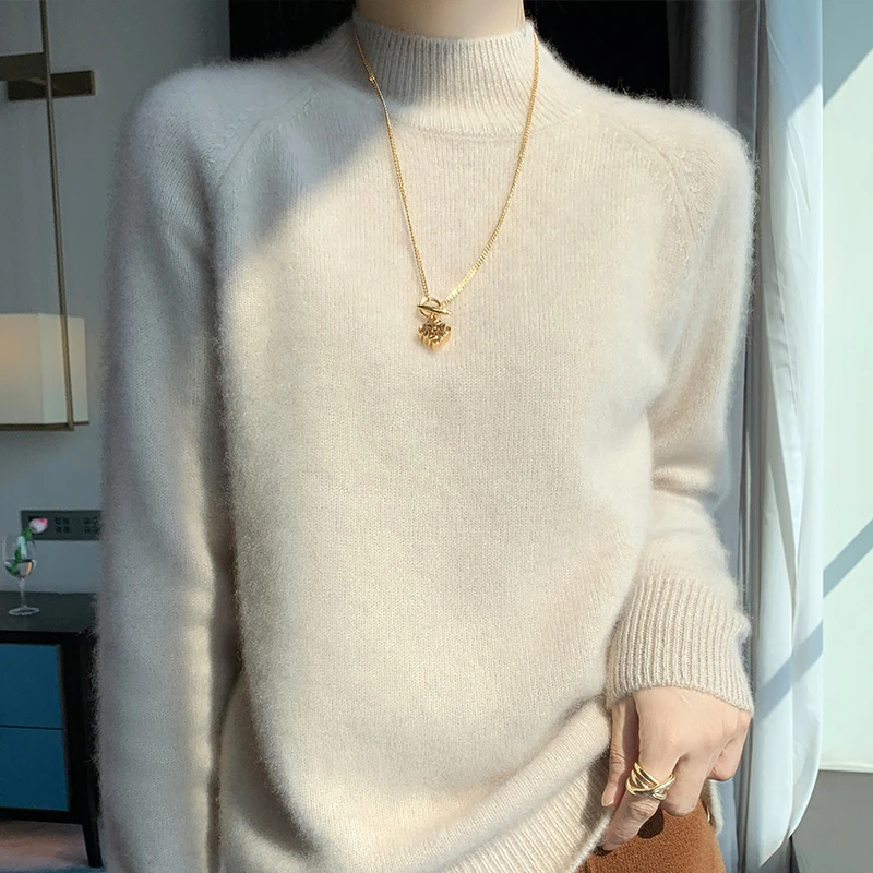 100%纯羊毛衫女半高领加厚针织打底衫秋冬宽松休闲套头内搭上衣